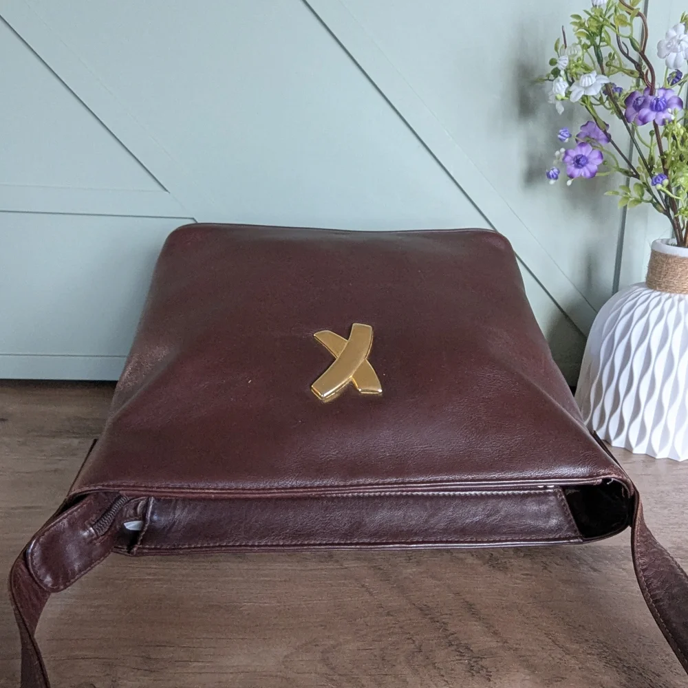 Paloma Picasso Dark Brown Leather Crossbody with Gold X Emblem